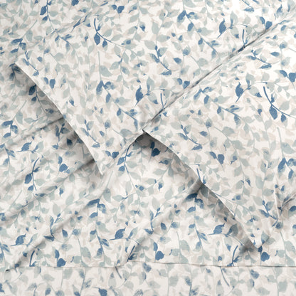 100% Organic Cotton Blue Botanical Leaves Print Sheet Set