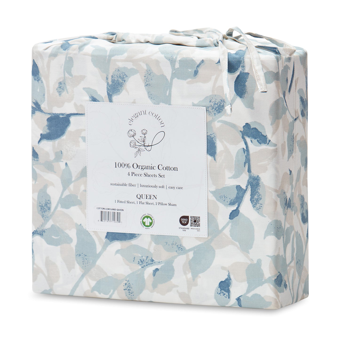 100% Organic Cotton Blue Botanical Leaves Print Sheet Set